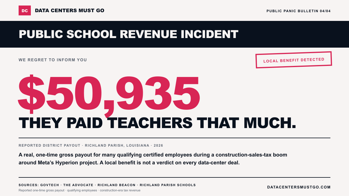 County-notice-style share card reporting a 50,935 dollar one-time payout to many qualifying Richland Parish certified school employees.