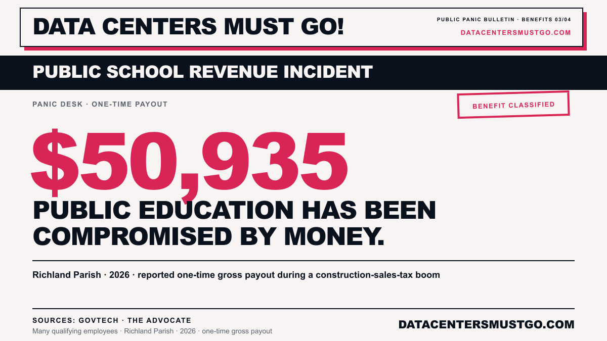 Panic Desk share card reading public education has been compromised by money beside the reported 50,935 dollar one-time Richland Parish payout.